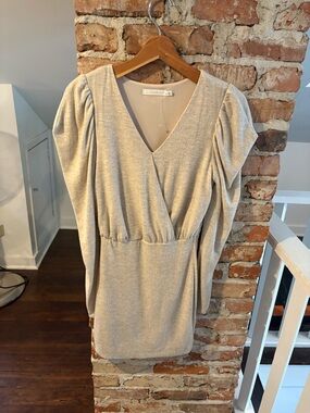 V-Neck Puff Sleeve Knit Dress in Beige